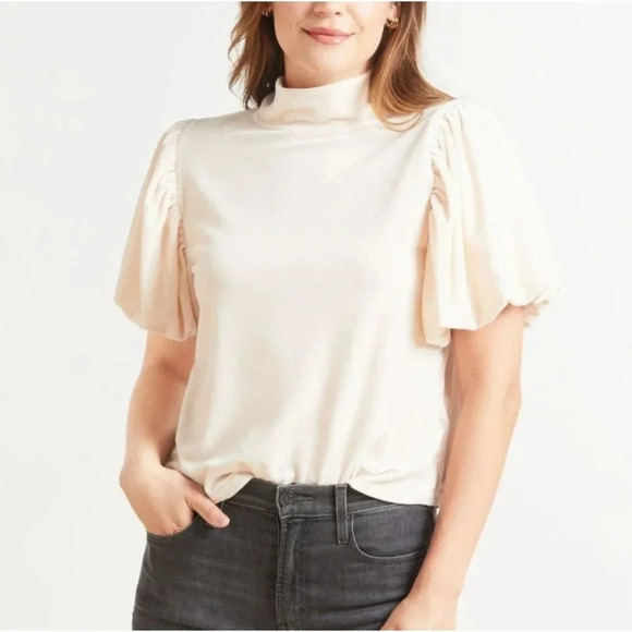 Free People Claudia Light Pink Velvet Mock Neck Puff Sleeve Blouse Size Medium - Picture 1 of 6